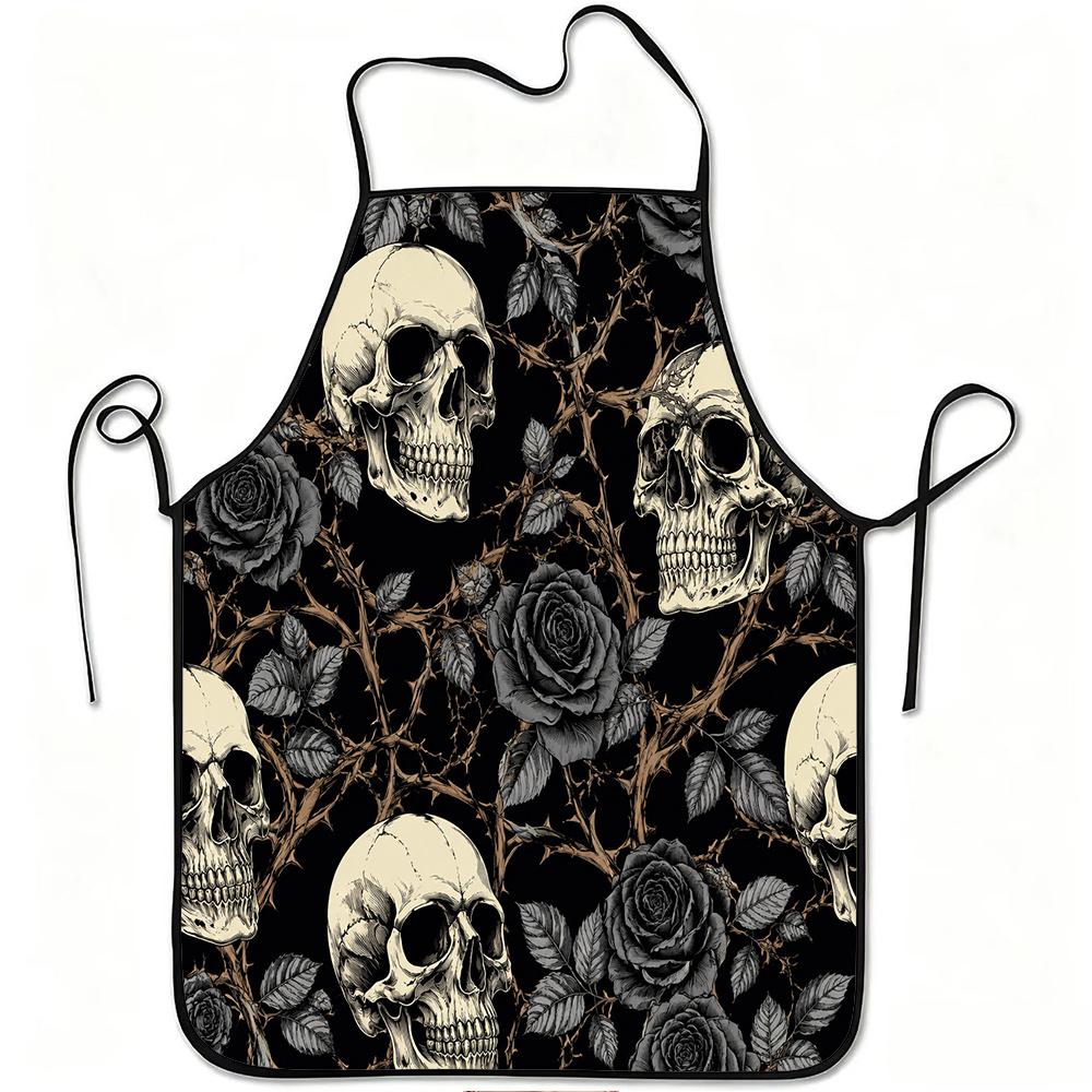 1pc Skull And Black Rose Gothic Print Apron, Durable And Easy To Clean, Adjustable Waistband, Polyester Material, for Kitchen Cooking, Gardening, Orch