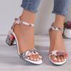 Fashion Summer New Chunky Sandals Women's Round Head Open Toe Printed Metal Buckle with A Line with Non-slip High Heels