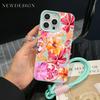 INS Colorful Flower Luxury Phone Chain Lanyard Case For iPhone 17 16 15 14 13 12 Pro Max 11 Plus Shockproof Lichee Pattern Funda