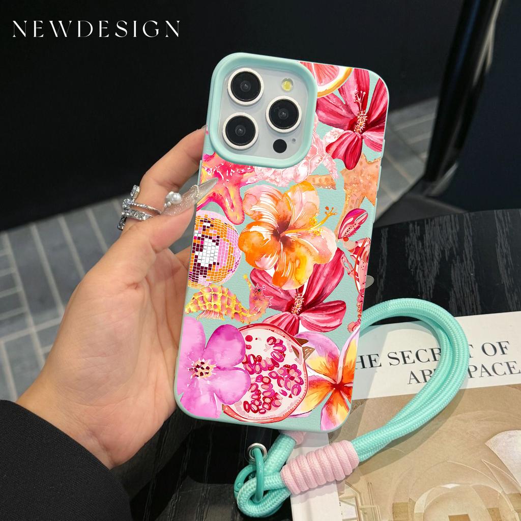 INS Colorful Flower Luxury Phone Chain Lanyard Case For iPhone 17 16 15 14 13 12 Pro Max 11 Plus Shockproof Lichee Pattern Funda