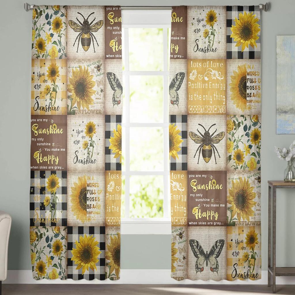 Sunflower Retro Rustic Sheer Curtain for Living Room Hall Wall Dress Up Home Window Supplies Pop Print Tulle Curtains