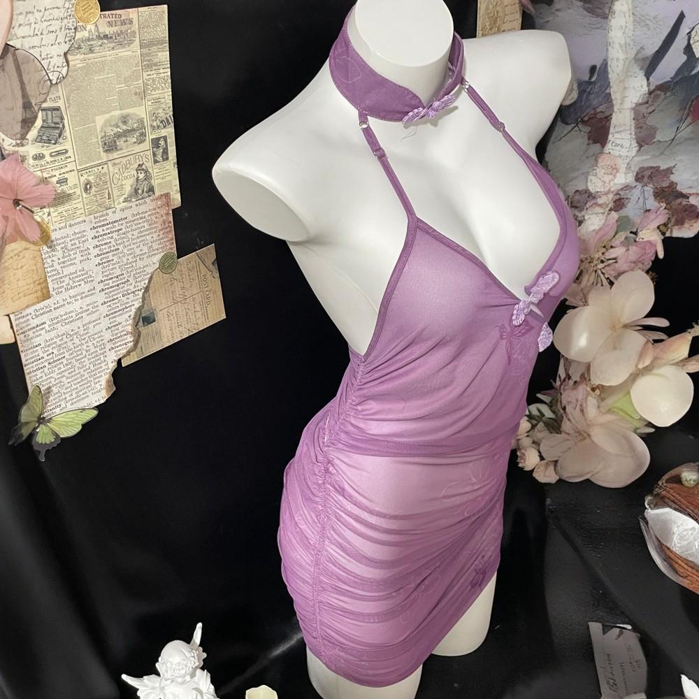Sex Underwear Pure Desire Purple Cheongsam Sexy Pajamas Women's Antique Butterfly Love Flower Perspective Strap Uniform Free