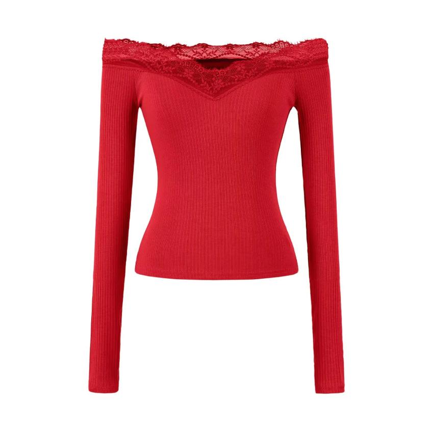 Lace One-word Shoulder Long-sleeved T-shirt Women's Spring and Summer New American Spice Girl Solid Color Splicing Bottoming Shirt Top