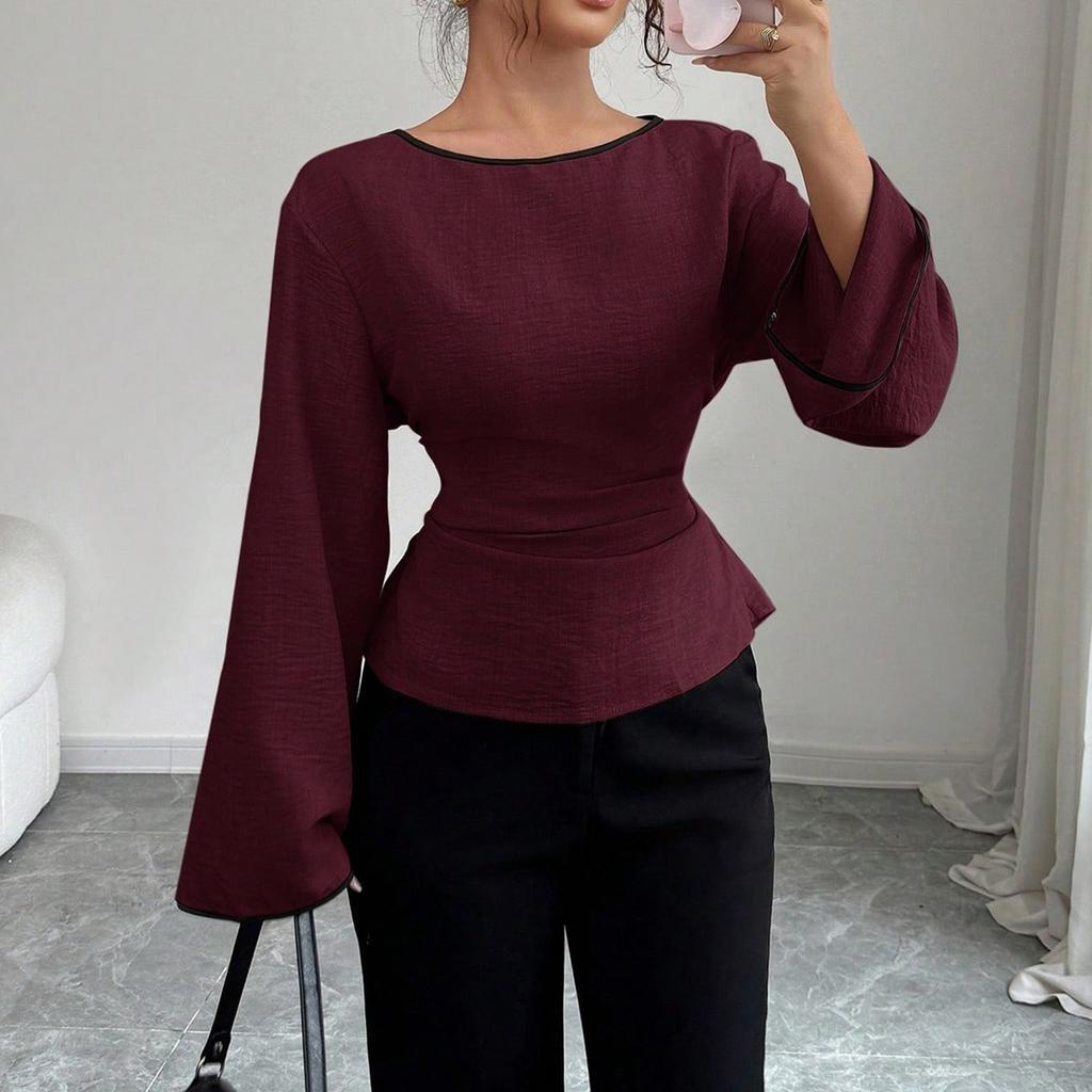 Women Long Sleeve Peplum Top Waist Cinched Flared Sleeve Crew Neck Casual Streetwear Blouse Fashion Basic Tunic Shirt