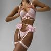 Sexy Lace Lingerie Sets Exquisite Pink Floral Embroidery Bra And Panty Pleated Skirts Garters Mesh Transparent Exotic Underwear
