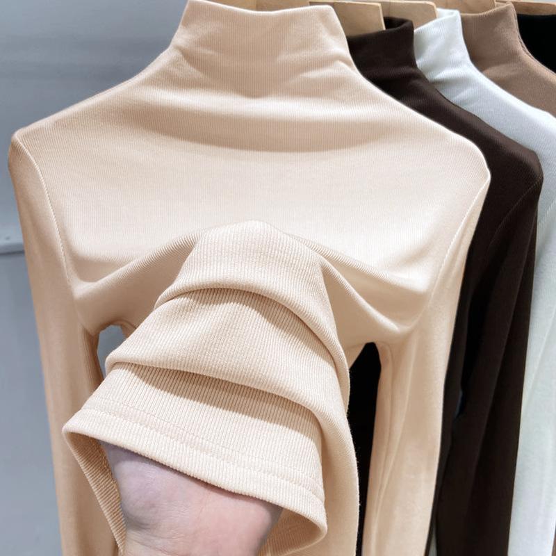 For Autumn and Winter, Women Can Wear A Semi-high-neck Solid-color Base Layer and A Long-sleeved T-shirt Over It for A Slimming Look