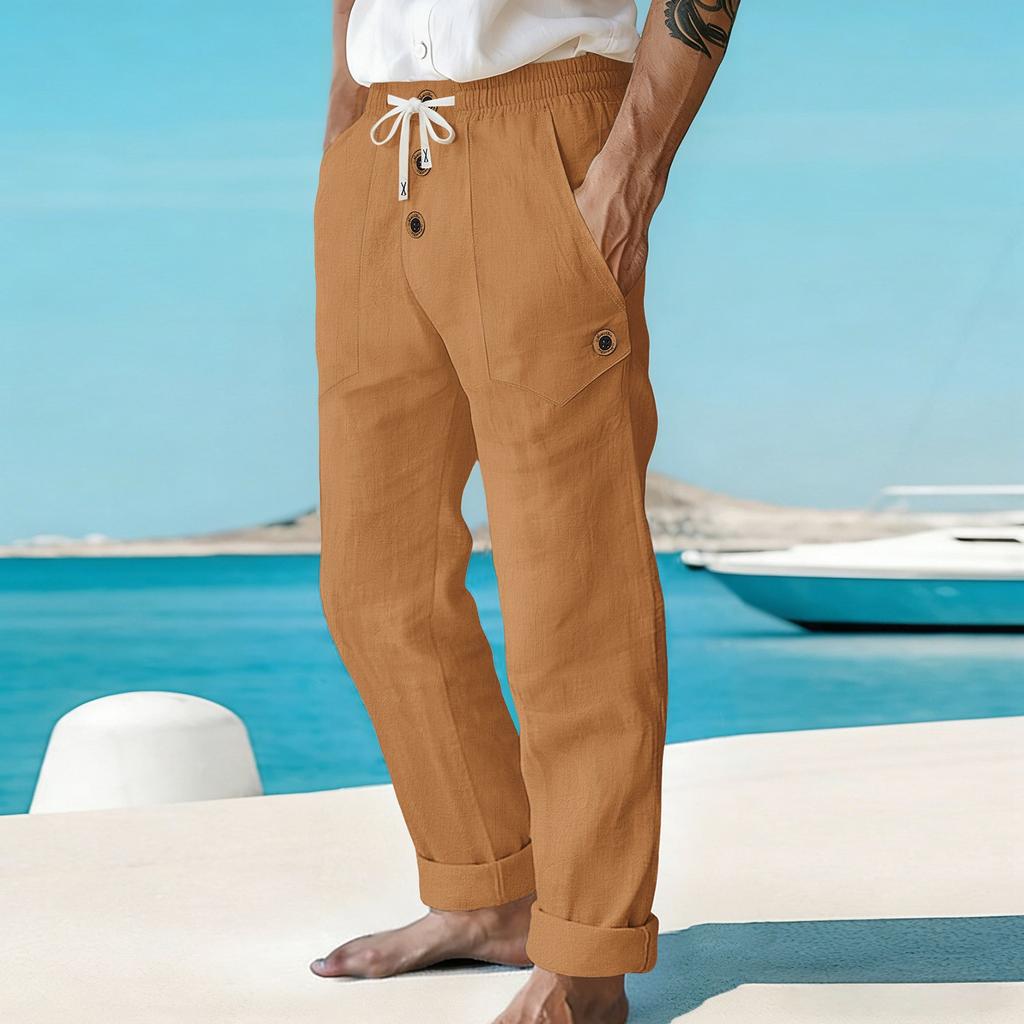 Men's Casual Pants - Large Pocket Drawstring Straight-leg Pants