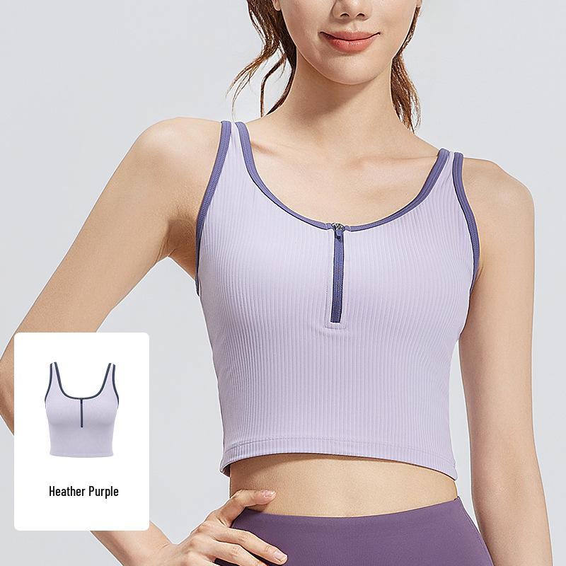 

Women s Breathable Striped Color Block Zipper Yoga Vest with Shockproof Padding L