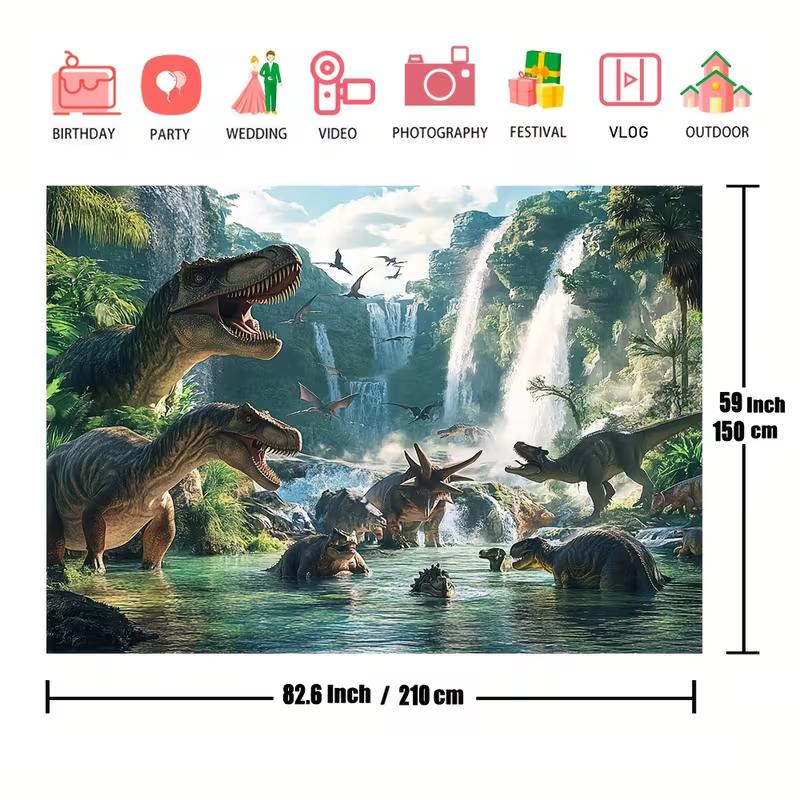 Prähistorische Dinosaurierfamilie Kulisse Dschungel-Wasserfall-Szene Hintergrundtuch für Kindergeburtstagsparty