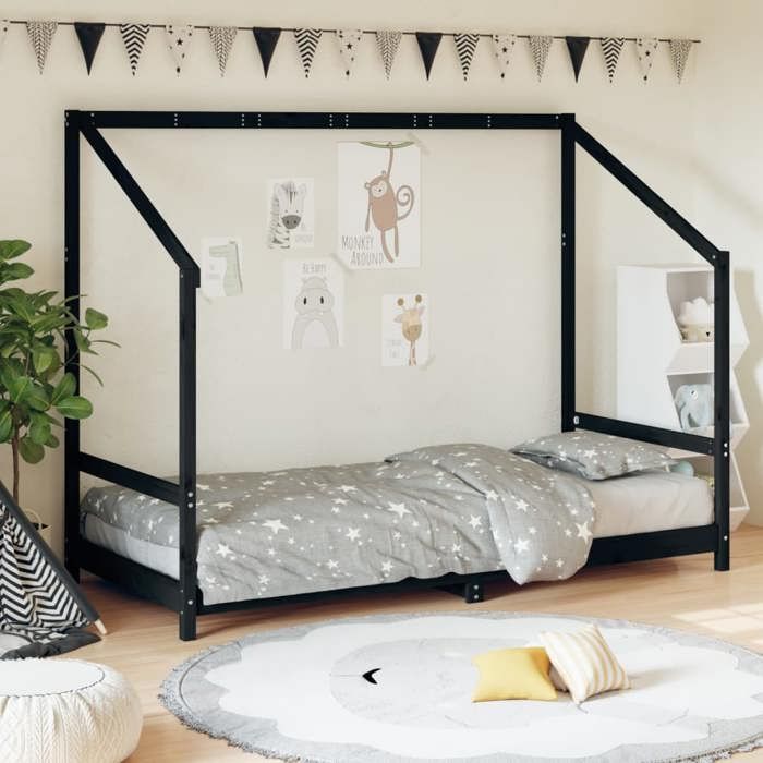 VidaXL Cadre de Lit pour Enfants, Lit Simple avec Sommier à Lattes, Meuble de Chambre à Coucher, Moderne, Noir 90x200 cm 835705