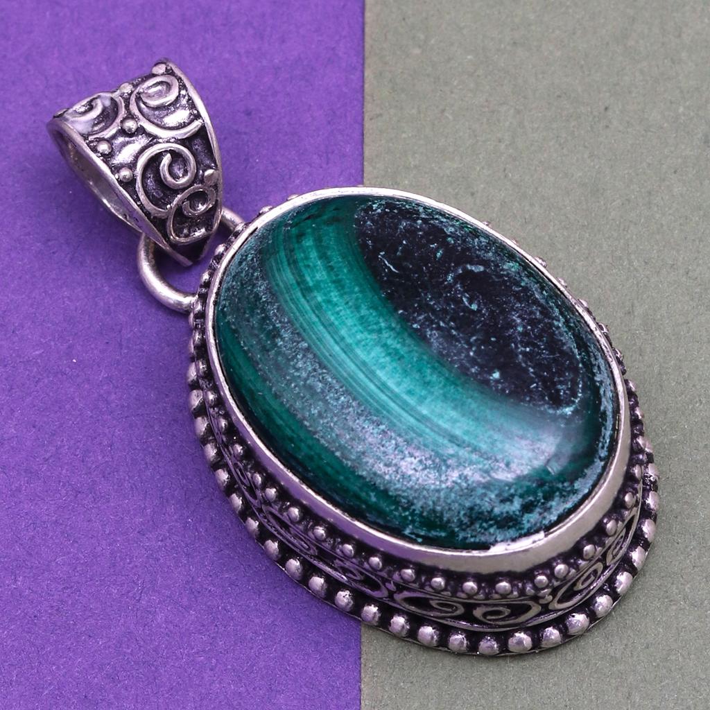 Malachite Emerald Gemstone Unisex Women's Silver Jewelry Pendant 1.75"