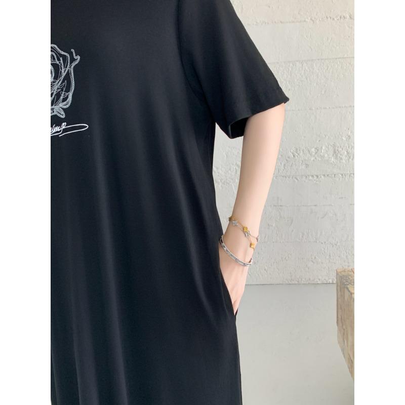 DIMANAF 2025 Plus Size Dress Women Summer Spliced Vintage Dress Basic Printing Long Loose Casual Black Dress