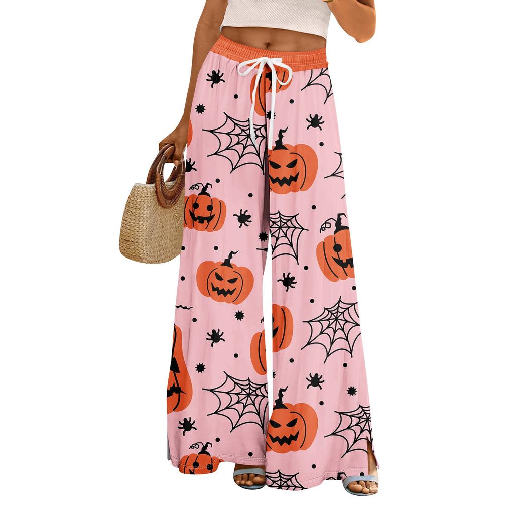 Damen Sommer Boho Palazzo Hose Hohe Taille Weites Bein Halloween Druck Lässige Hose mit Taschen