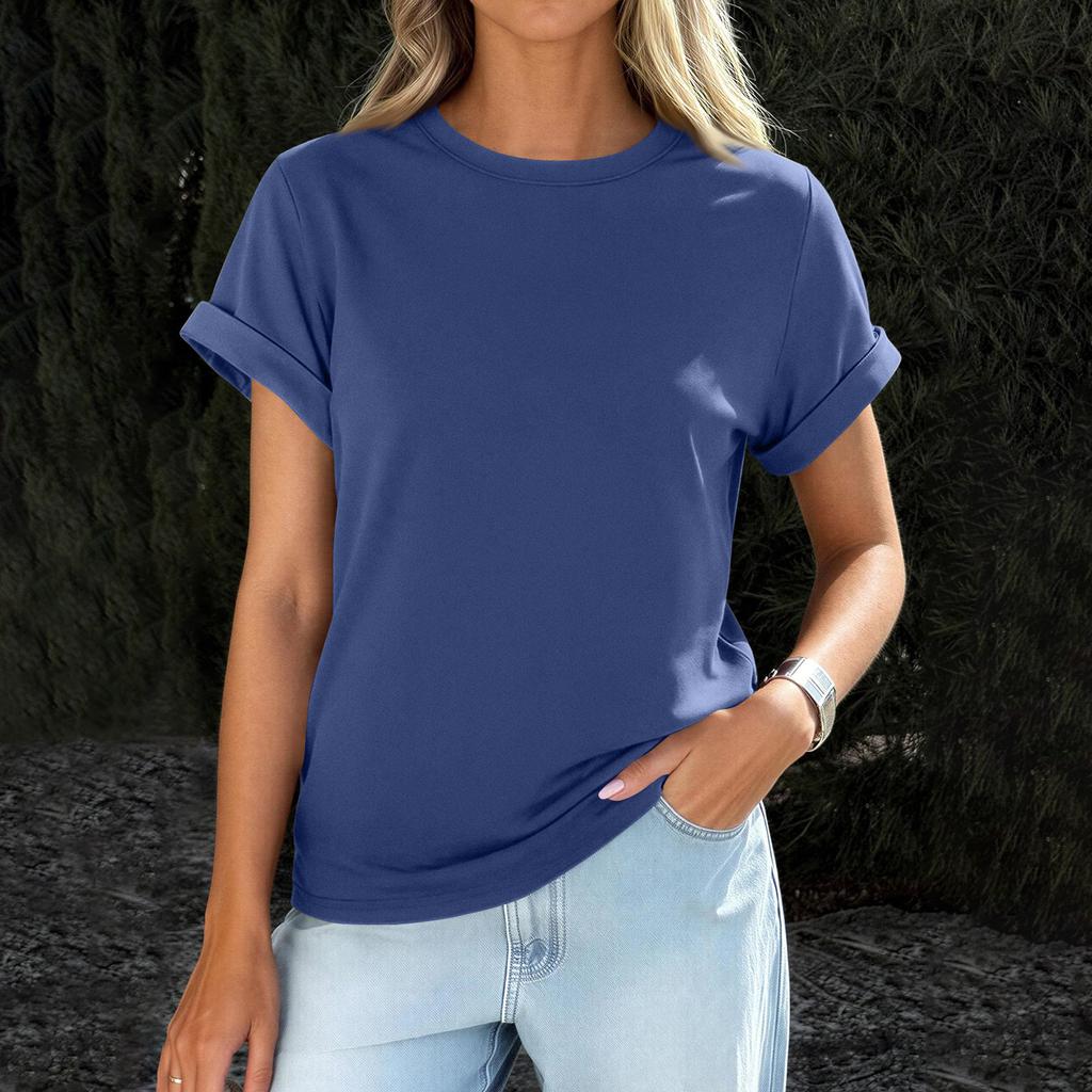 Womens  Casual Rolled Short Sleeve Basic Tees Fashion Tops
