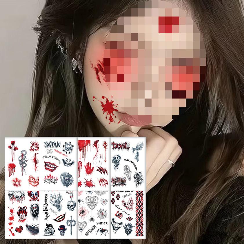 Halloween Makeup: Horror Scars, Fake Teeth, Little Tiger Teeth, and Blush Tattoo Stickers for Party Decoration