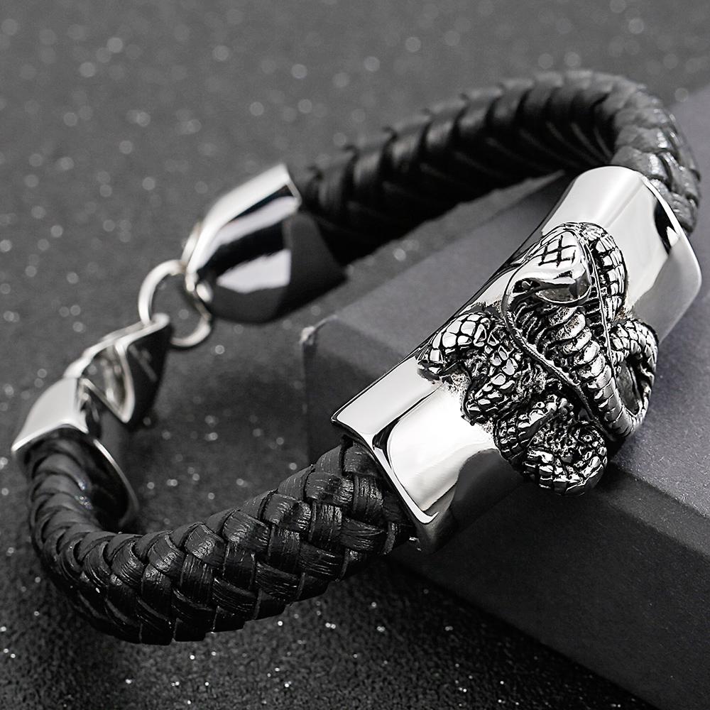Punk Gothic Men's Snake Head Body Bracelet Man Distressed 316L Stainless Steel & Leather Wrap Bracelet for Men Animal Jewelry