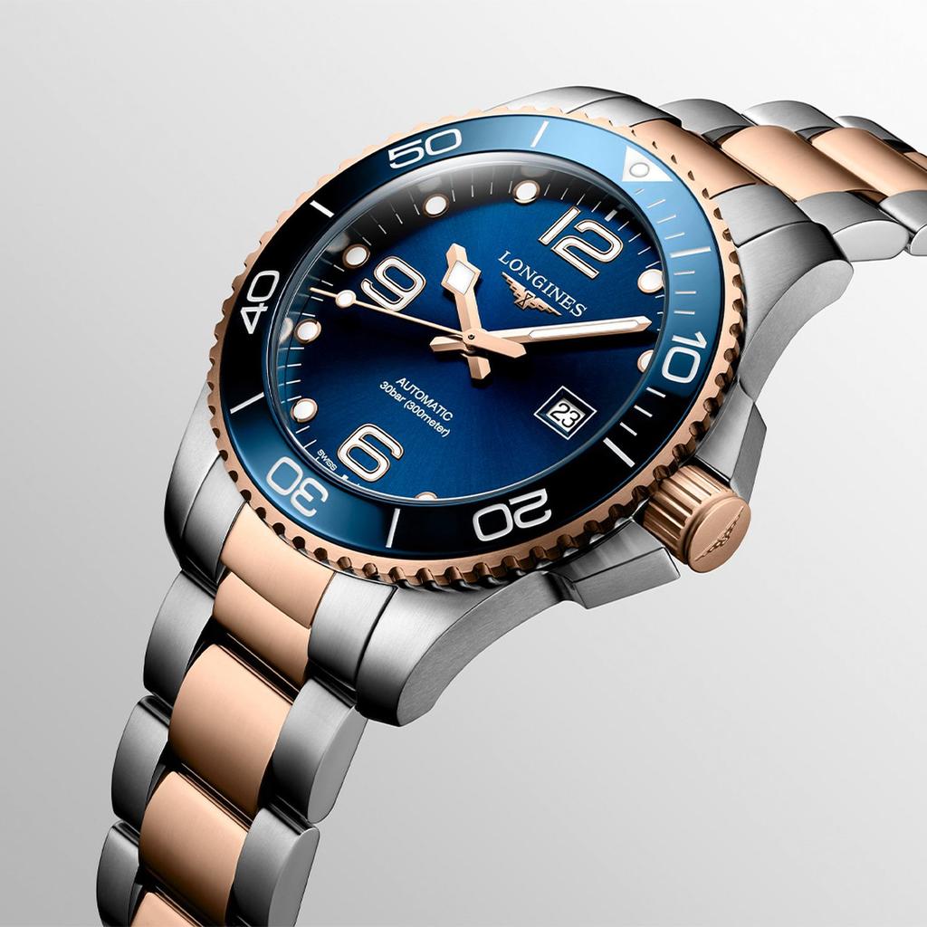 Longines HydroConquest Automatic Ceramic Blue Dial Red Gold Tone PVD Two-Tone Stainless Steel Bracelet Men's Watch (L3.782.3.98.7)