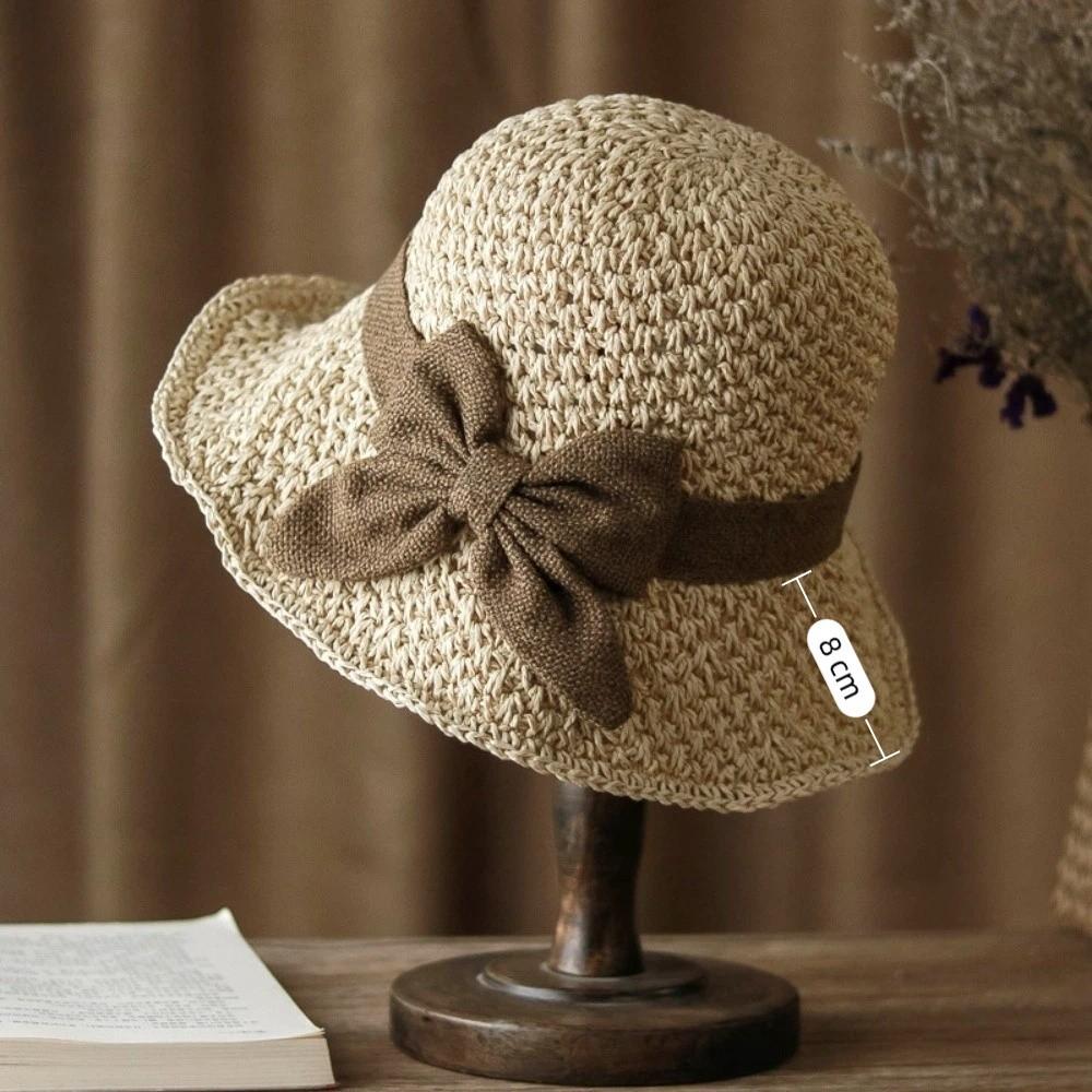Vintage Breathable Braided Straw Hat Foldable with Bow Beach Cap Wide Brim UV Protection Sunshade Hat Women