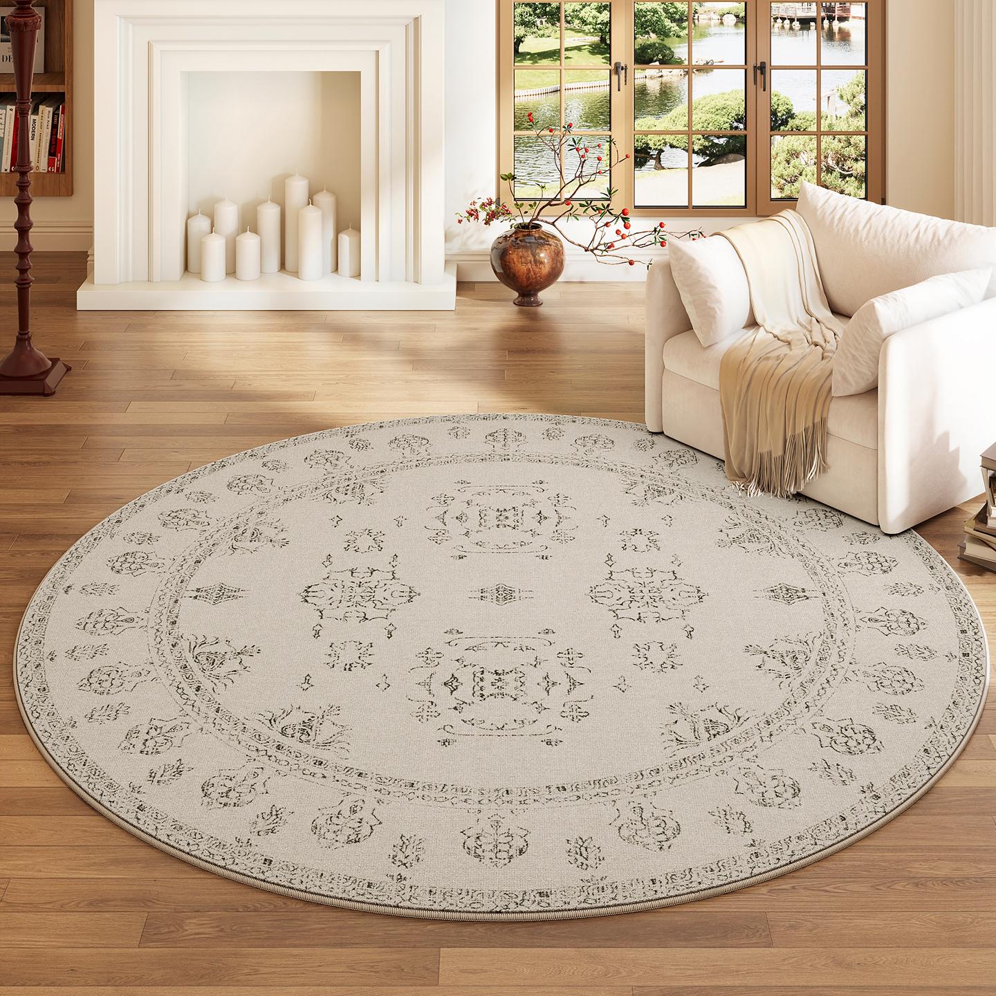 

French Style Floral Round Carpet – Washable Green Anti-Slip Rug for Bedroom Living Room Study Home Decor 60cm