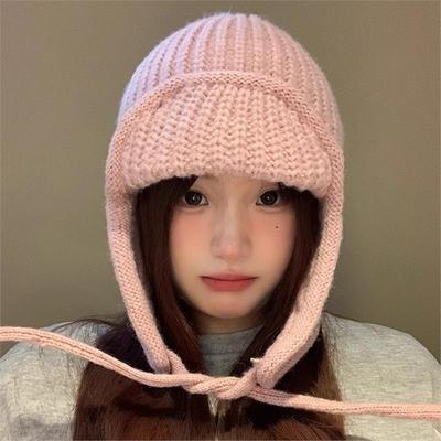 Solid Color Lace-up Knitted Hat Female Face Small Autumn and Winter Versatile Ear Protection Student Warm Wool Hat