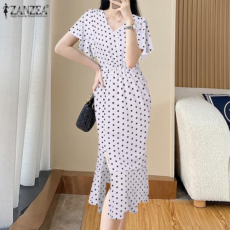 

ZANZEA женское летнее платье с v-образным вырезом, короткими рукавами и талией в горошек, плиссированное по бокам платье-рыбий хвост с разрезами по бокам