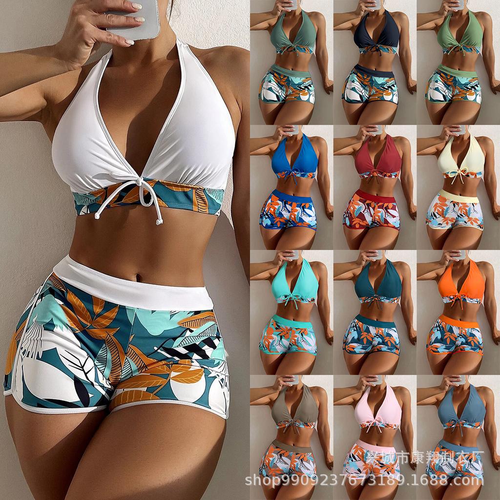 Swimsuit Women's split high waist flat angle strap print solid color splicing Internet celebrity swimsuit