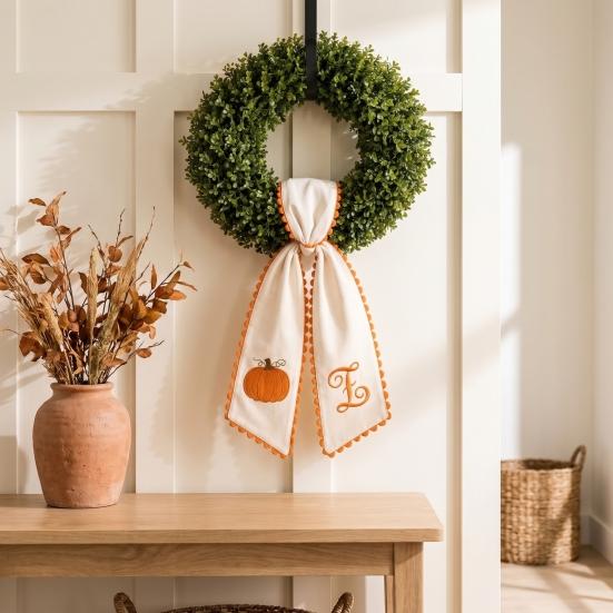 Seasonal Wreath Ornament Accessories Halloween Pumpkin Sash for Fall Front Door Decor, Orange Scalloped Fabric Party Supplies Home Ribbon with
