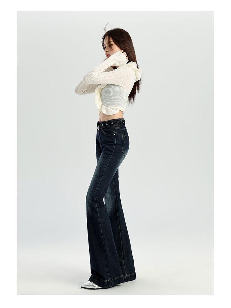 Women's Stretchy Blue-Gray Retro Micro-Flare Jeans with Belt