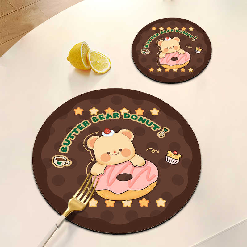 Cute Bear Rubber Coaster Round Heat Insulation Anti Slip Cup Mats Absorbent Reusable Pad Kitchen Items Accessories Decoration