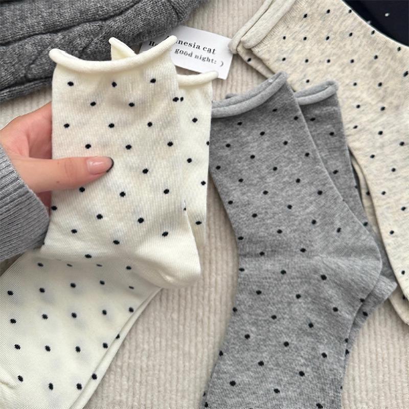 Women's Mid-Calf Rolled Hem Polka Dot Cotton Socks, Breathable & Anti-Odor, Japanese Style.