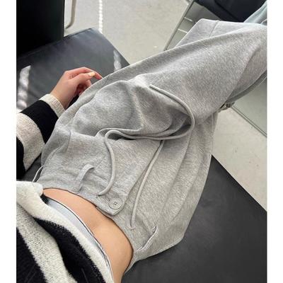 Grau-schwarze Sporthose mit weitem Bein für Damen, Anzughose mit hoher Taille, Tasche und Kordelzug, lässige Jogginghose