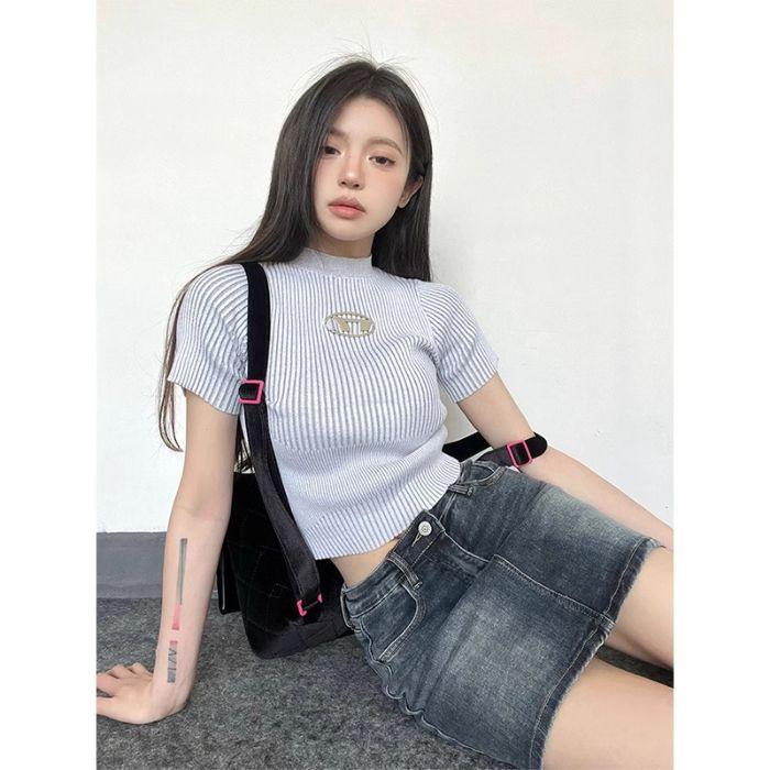 

Women s Summer Ice Silk Semi-High Neck Slim Fit T-Shirt L серый