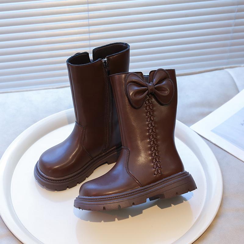 Fashion New Winter Girls Princess Cotton Boots Elegant Bowknot Children Causal Boots Fashion Black Versatile Kids Simple Mid-calf Boots
