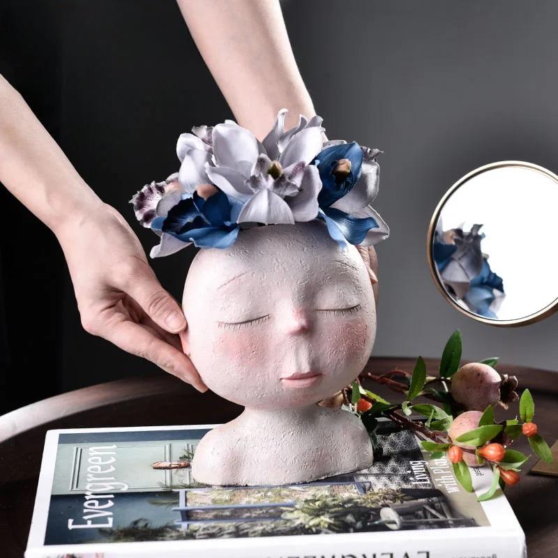 Nordic Resin Human Head Vase Art Flower Arrangement Doll Sculpture Flower Pot Potted Plant Home Garden Decoration