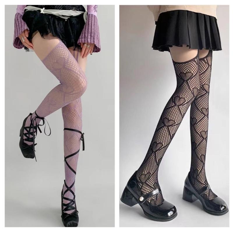 Women Gothic Fishnet Mesh Garters Thigh High Stockings Tights Hollowed Sweet Heart Patterned Sheer Suspender Pantyhose