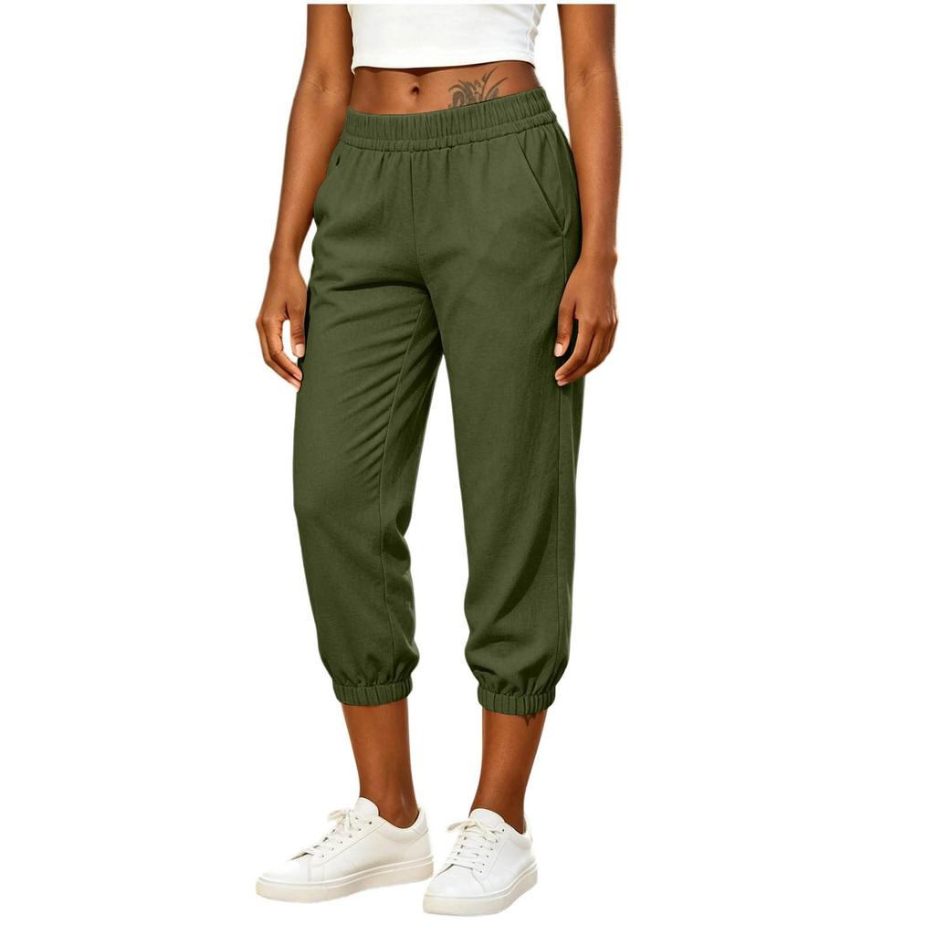 Women Loose Fit Drawstring Waist Casual Pants with Pockets Elastic Ankle Cuffs Cotton Linen for Everyday Wear