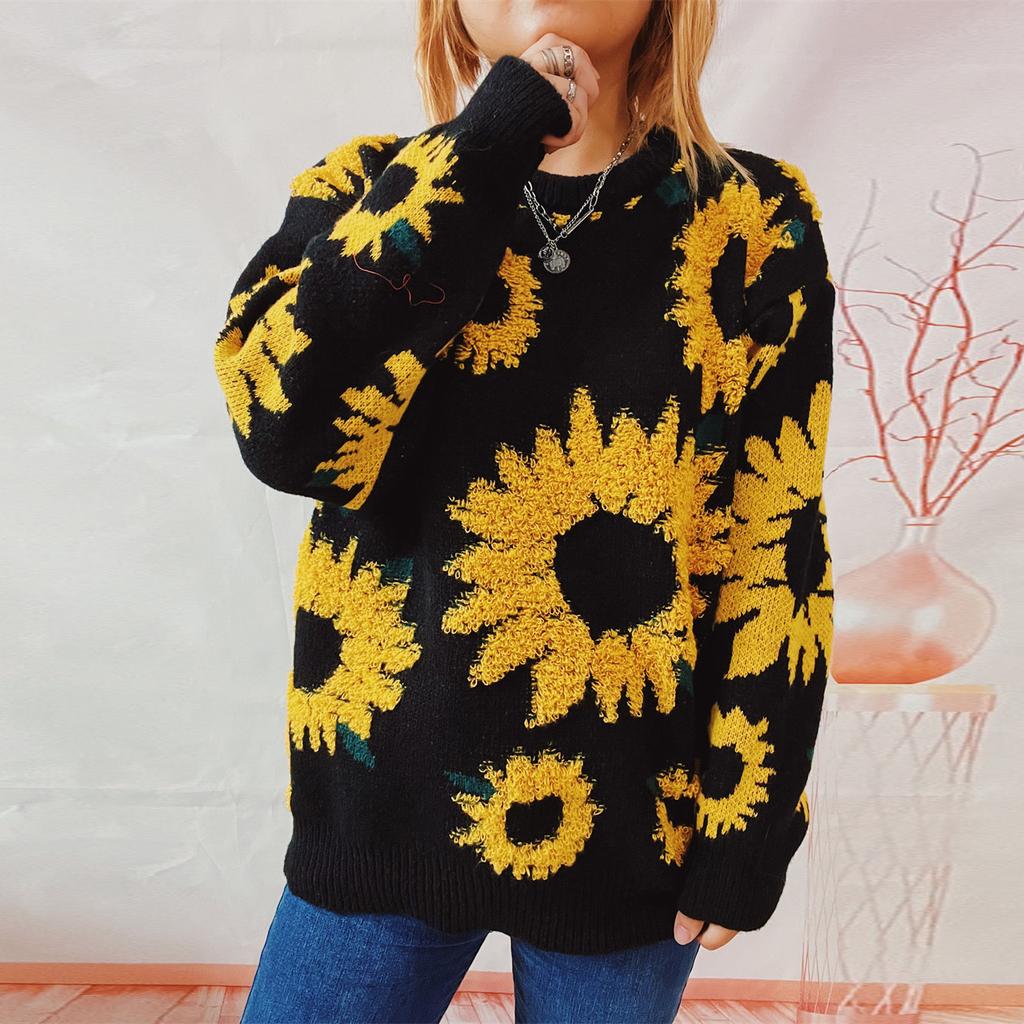 Autumn and winter new top sunflower jacquard round neck long sleeved knitted pullover sweater for women 3589