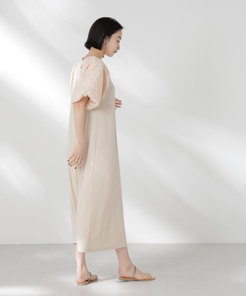 Nano Universe Women's Balloon Sleeve Combination Cut Dress, F 040, Beige, 673-5119341