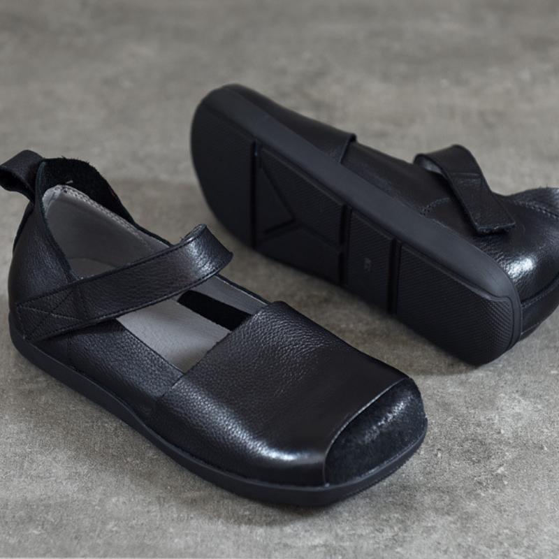 Johnature Retro Genuine Leather Square Toe Flat Shoes Soft Sole Handmade Solid Color Women's Shoes