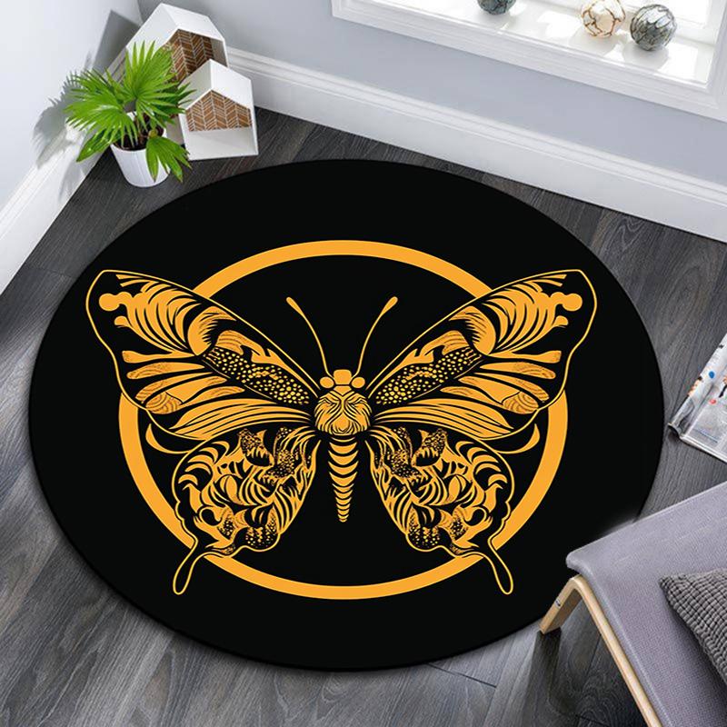 Golden Butterfly Round Area Rug,Carpet Rug for Living Room Bedroom Sofa Playroom Decor,Non-slip Floor Mat