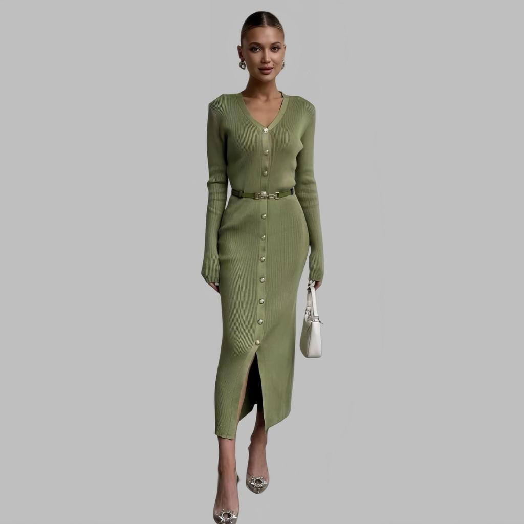 Neues Europäisches & Amerikanisches V-Ausschnitt Langarm Figurbetontes Strickkleid - Damenmode