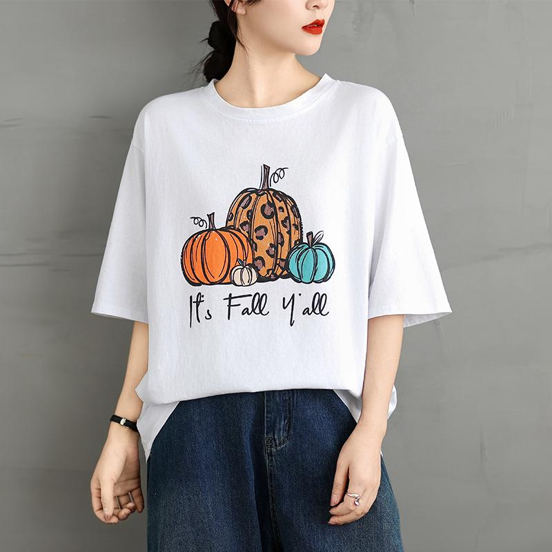 

DIMANAF 2025 Женская новая летняя свободная футболка с принтом больших размеров с короткими рукавами из хлопка в винтажном стиле, футболки макси One Size белый