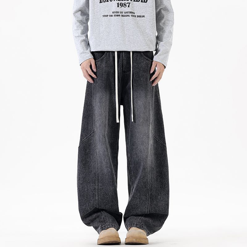 American retro trendy brand splicing scimitar jeans men's trend loose wide legs drape elastic waist long pants men