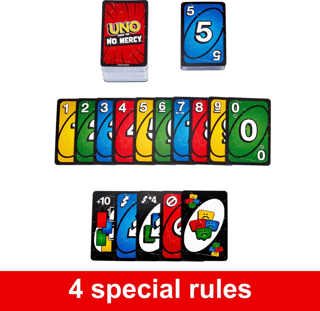 Mattel Games UNO Show ’em No Mercy Card Game – Storage & Travel Tin, Kids & Adults Family Night, Extra Cards with Special Rules