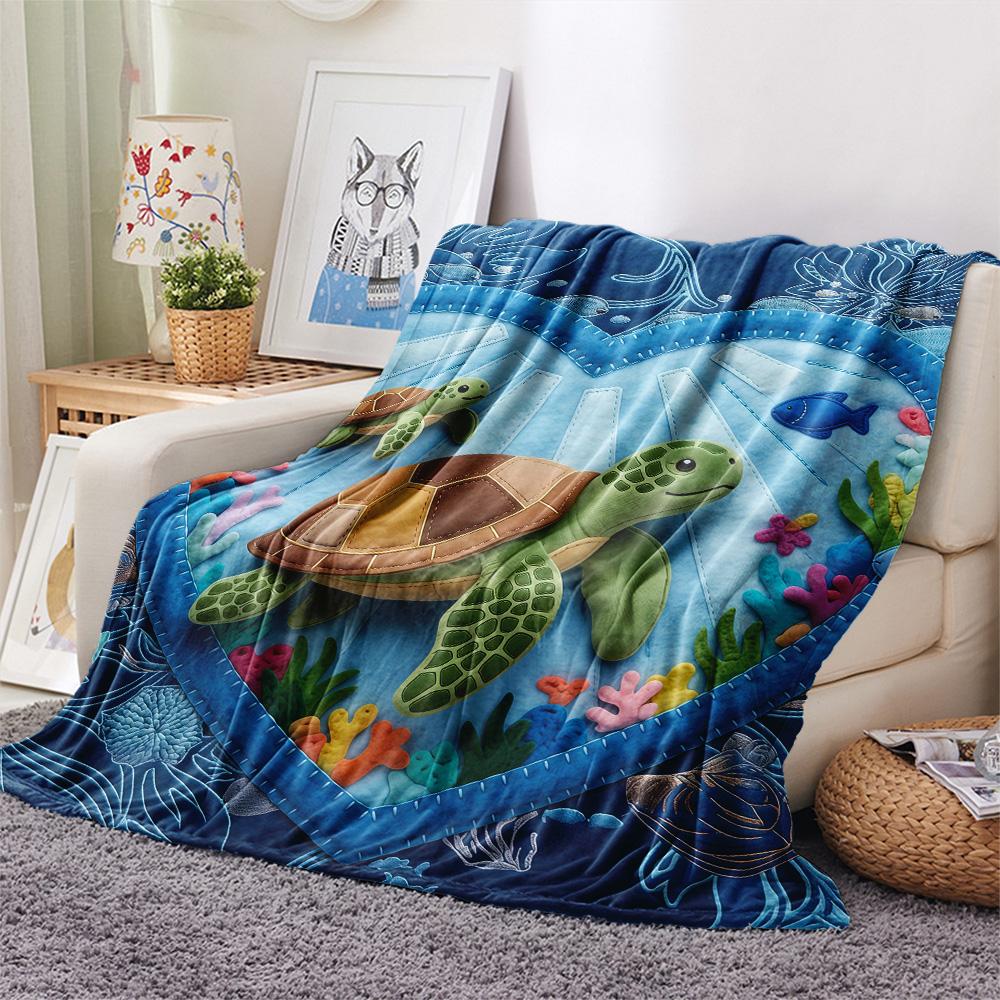 1PC Turtle style  Print FlAannel Blanket, High quality Comfortable for All Seasons, Home Decor, Warmth and Comfort