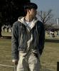 Someplace Man Sequin Star Patch Point Crack Two-Way Sweat Hooded Zip-Up Jacket [Cream]