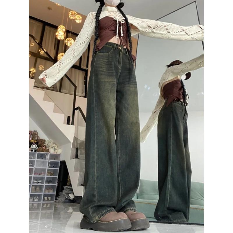 Cement Gray Wide-leg Jeans Women's Spring New High-waisted Loose Niche Design Thin Versatile Straight-leg Pants