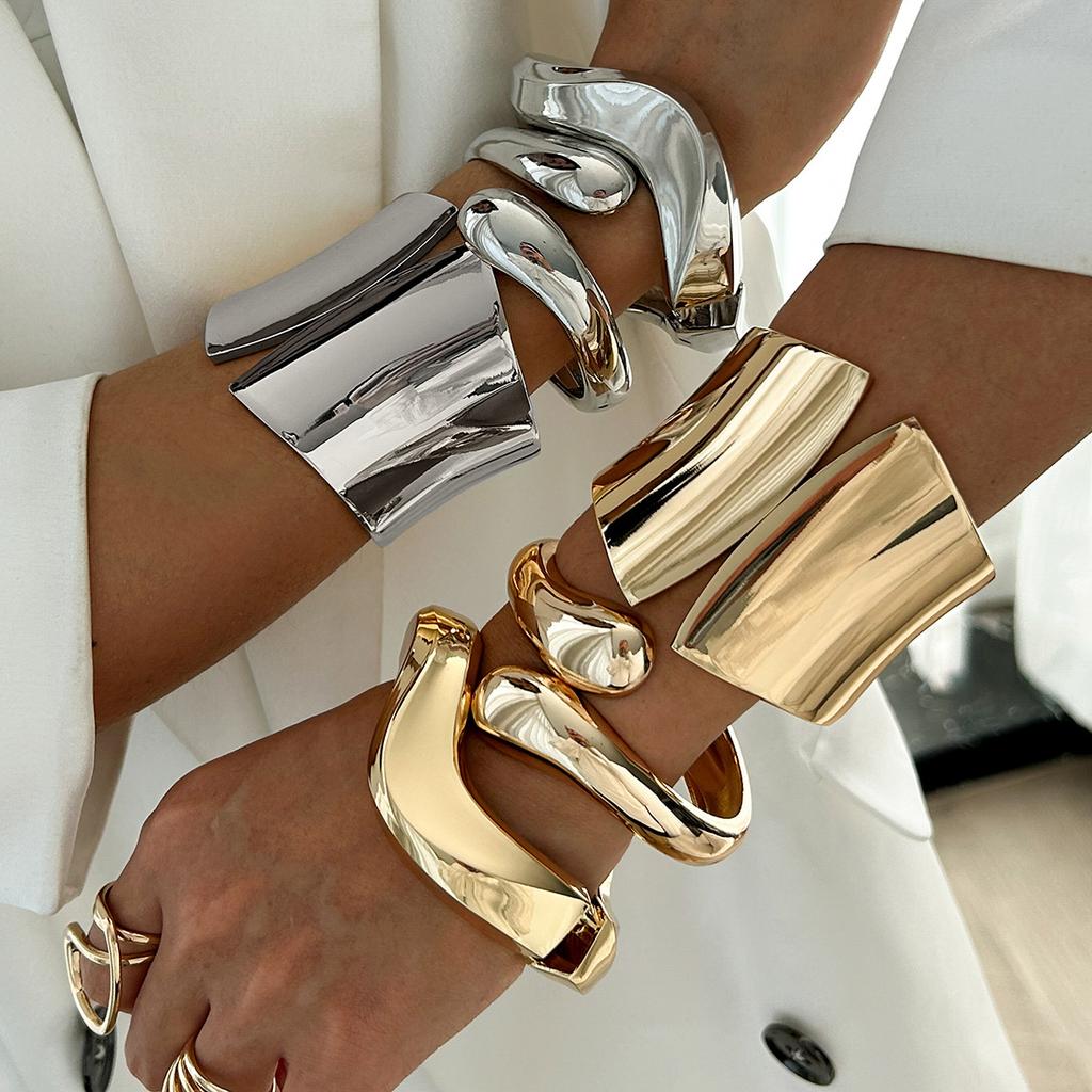Wide Large Stainless Steel Alloy Silver Plated Asymmetric Geometric Big Cuff Bangle Bracelet Punk Simple Bangles Women