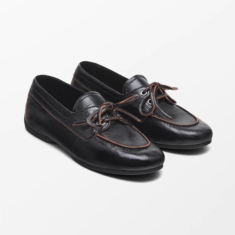 Mrxmus dutit Women Shoes Round Toe Pleated Suede Genuine Leather Loafers Retro Lace Up Bow Boat Shoes