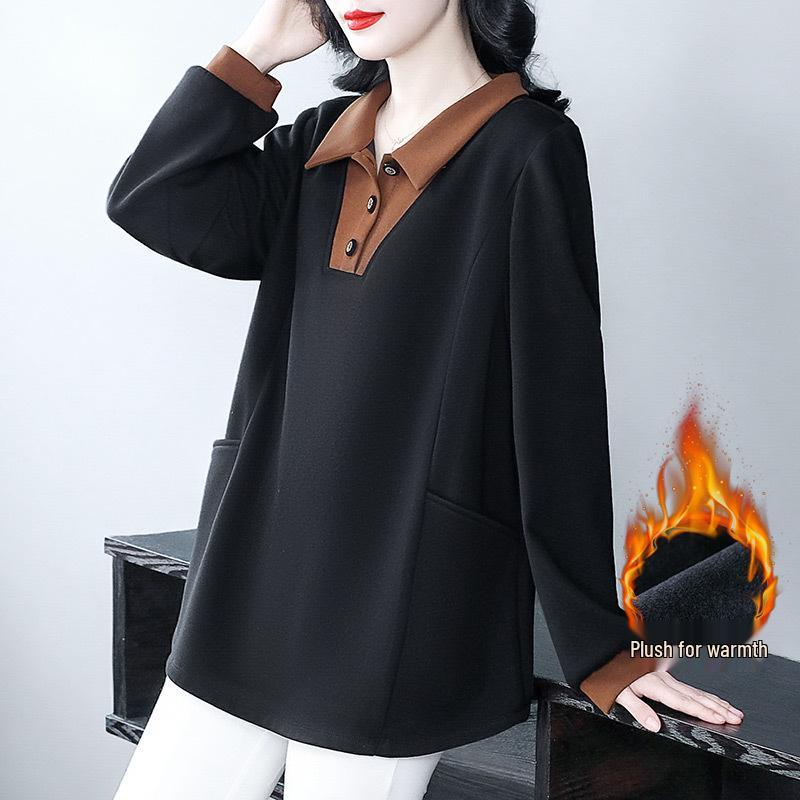 

Вельветовая теплая рубашка-поло большого размера - Повседневный свободный крой для осени/зимы, для женщин среднего возраста. 4XL (180-200 catty recommended)